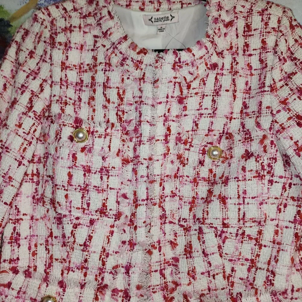 Nanette Lepore Women's Tweed Jacket Pearl Button Accents Fringe Details Size 6 - Picture 5 of 11